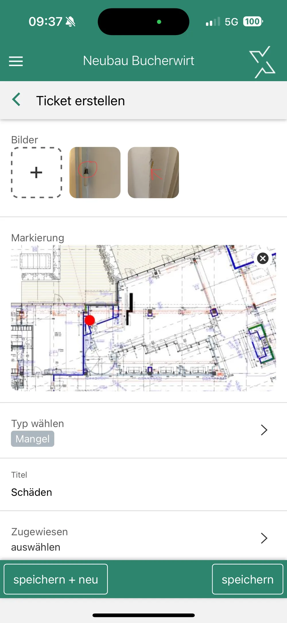 Erfassen, wo es passiert: Ticket mit Foto und Plan-Markierung direkt auf der Baustelle — offline-fähig.