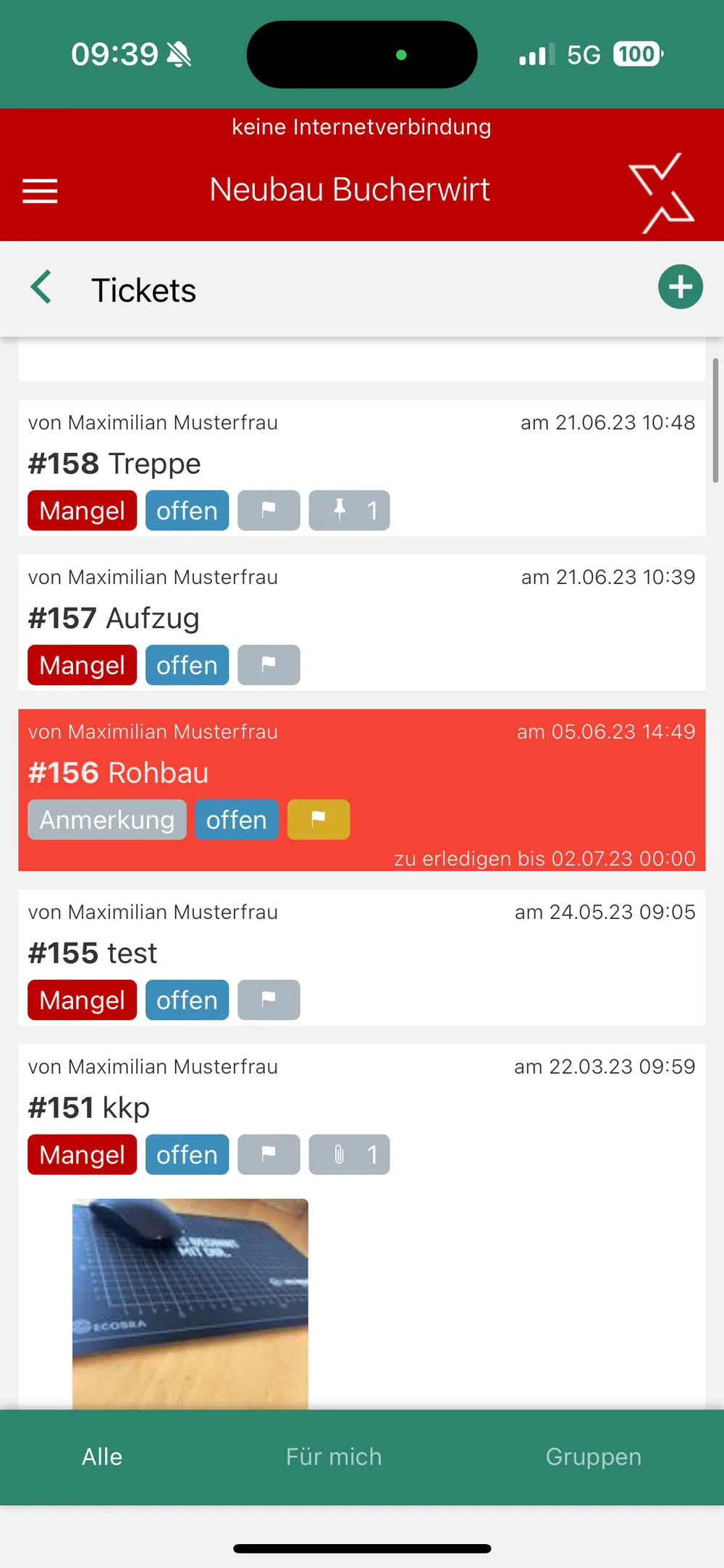 XBuild Mobile: Ticketliste mit Mängeln und Status auf dem Smartphone